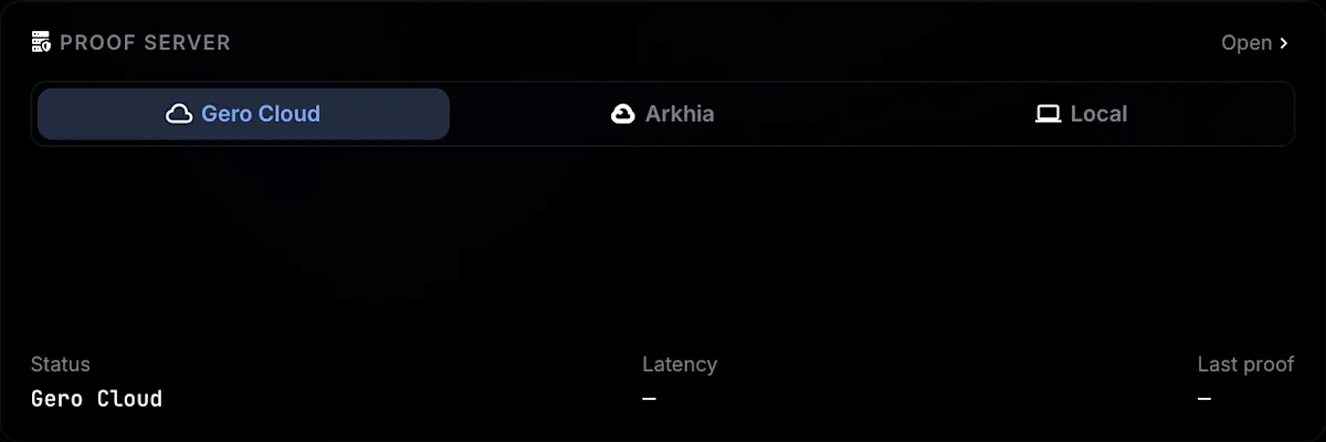 GeroWallet proof server picker with Gero Cloud, Arkhia and Local options