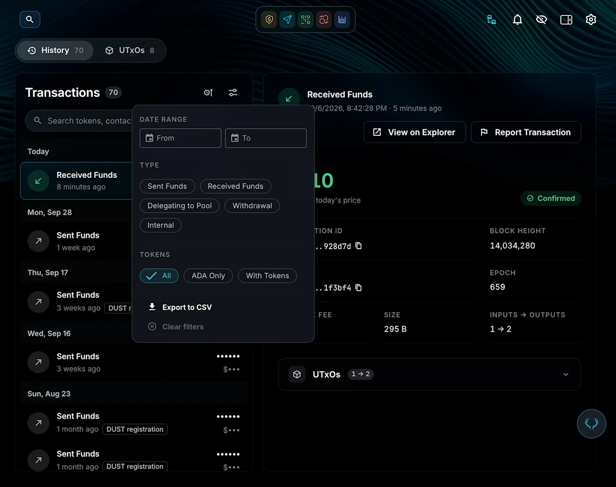 GeroWallet transaction history filters with date range, type, tokens and Export to CSV