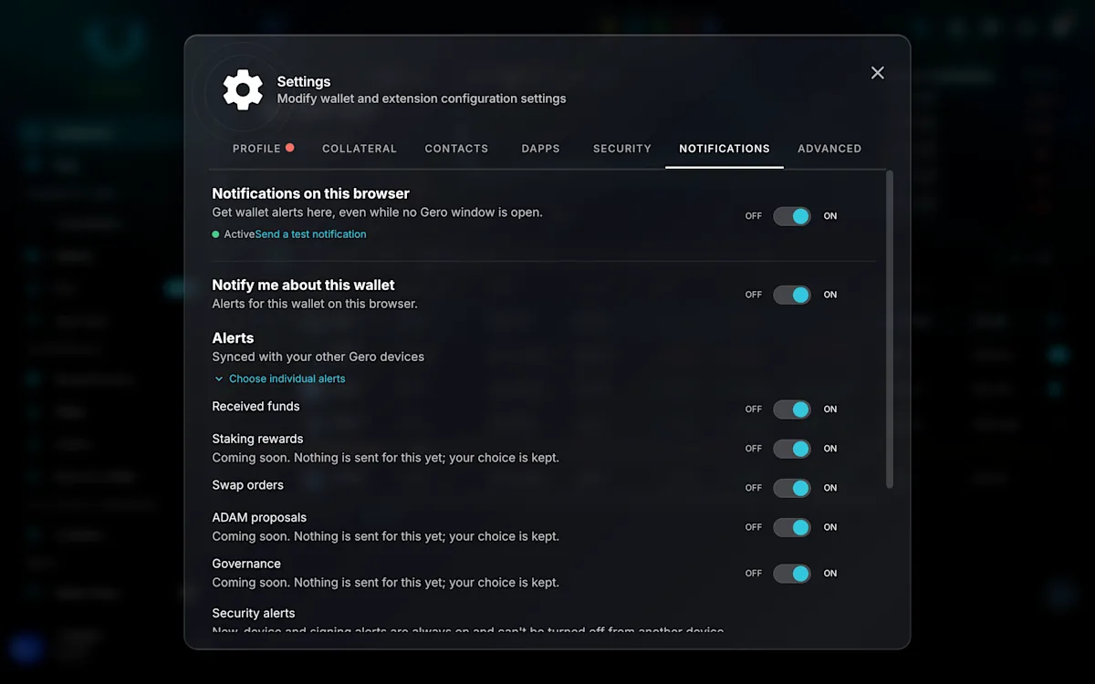 GeroWallet notification settings with per-alert toggles for received funds, swap orders and security alerts