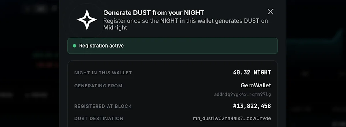 DUST registration active in GeroWallet