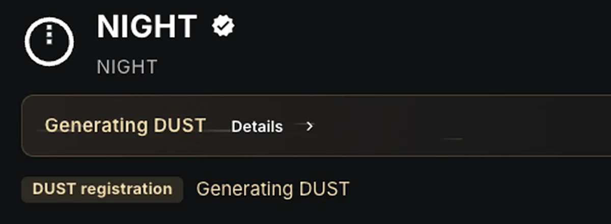 NIGHT token generating DUST in GeroWallet