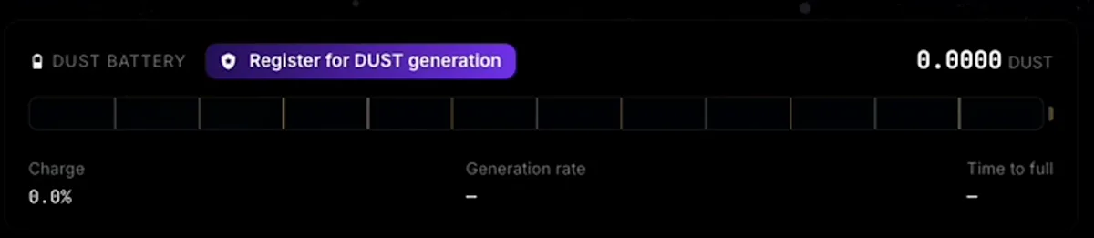 The DUST battery in GeroWallet before registration