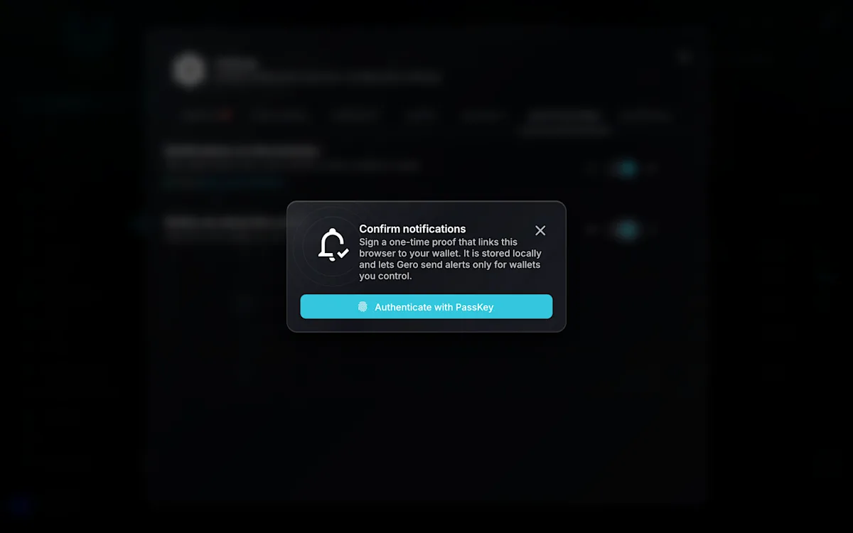 Confirm notifications dialog in GeroWallet, authenticate with passkey