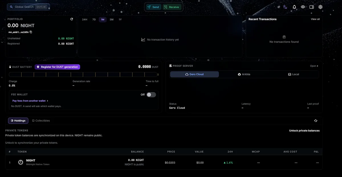 GeroWallet Midnight dashboard with the DUST battery, the Register for DUST generation button and the proof server picker