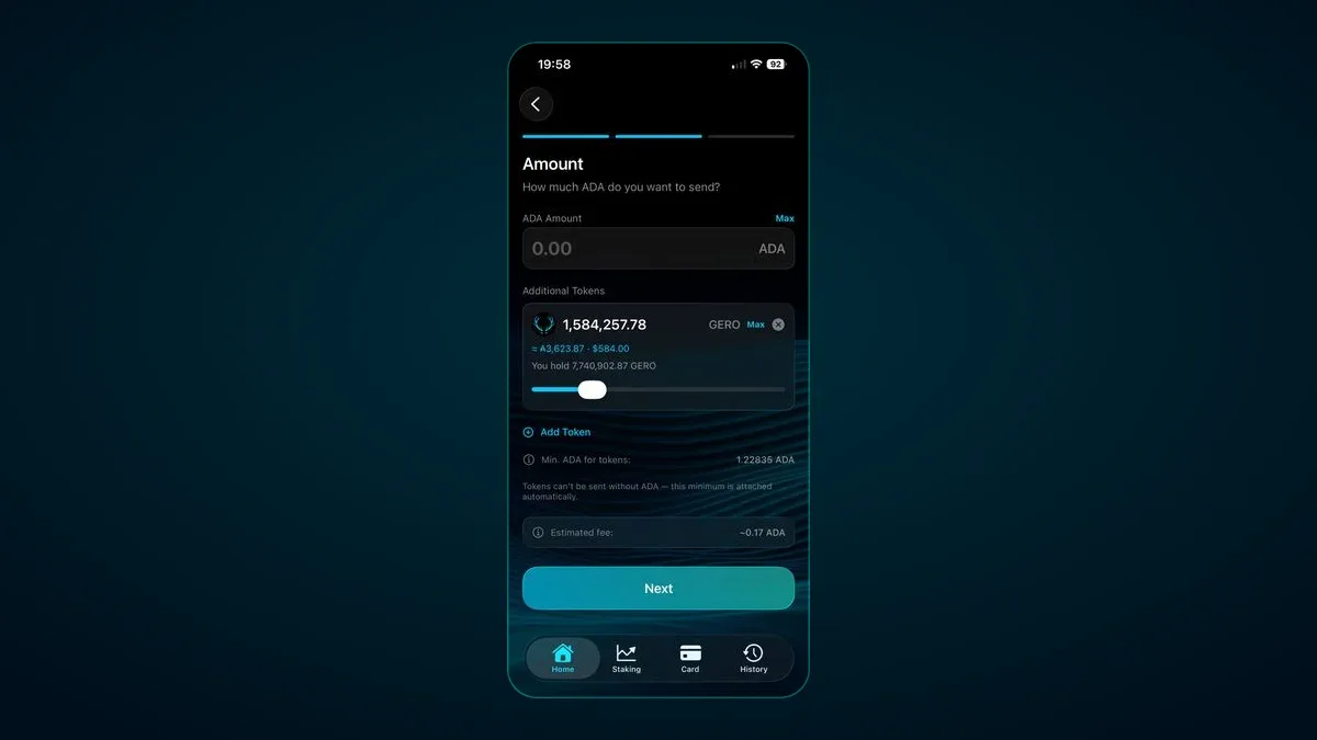 GeroWallet iOS send screen bundling ADA and a Cardano native token in one transfer with the fee shown up front