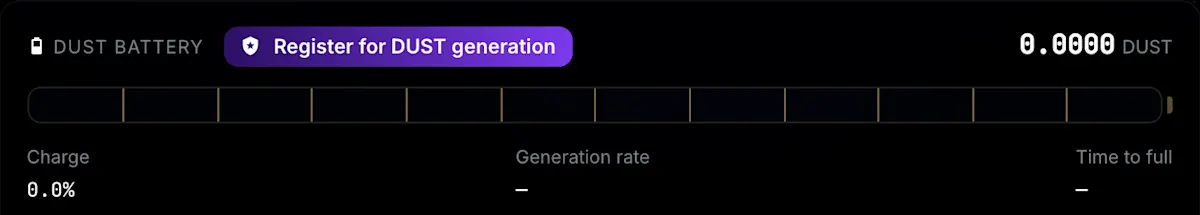 The DUST battery in GeroWallet showing charge, generation rate and time to full