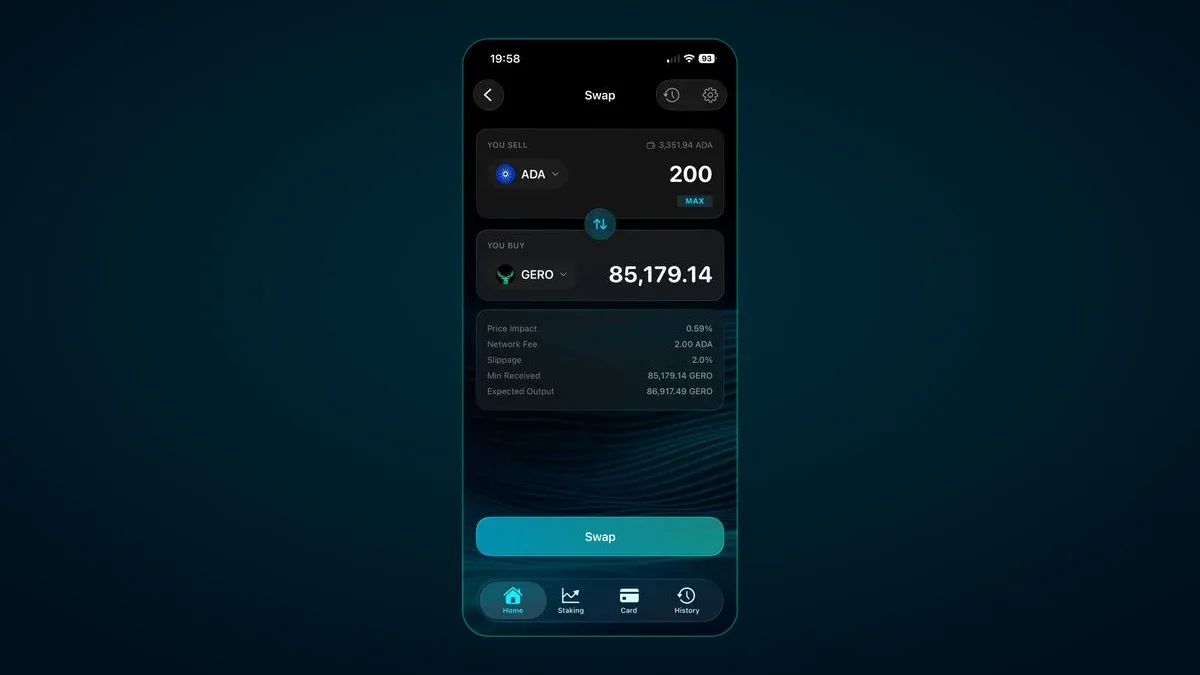 GeroWallet iOS swap screen trading ADA with price impact, network fee, slippage, and minimum received shown
