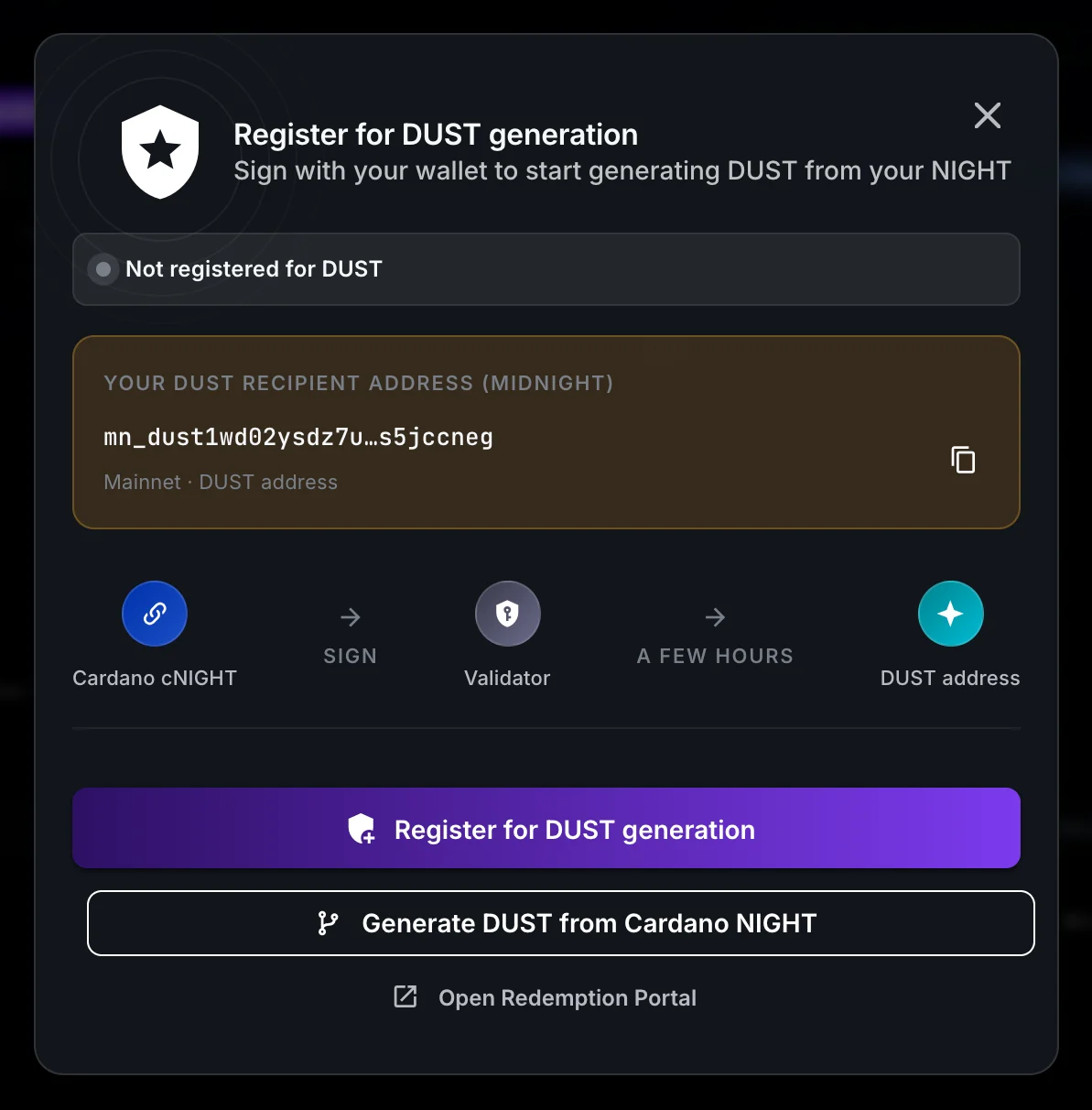 Register for DUST generation dialog in GeroWallet, showing the DUST recipient address and the option to generate DUST from Cardano NIGHT