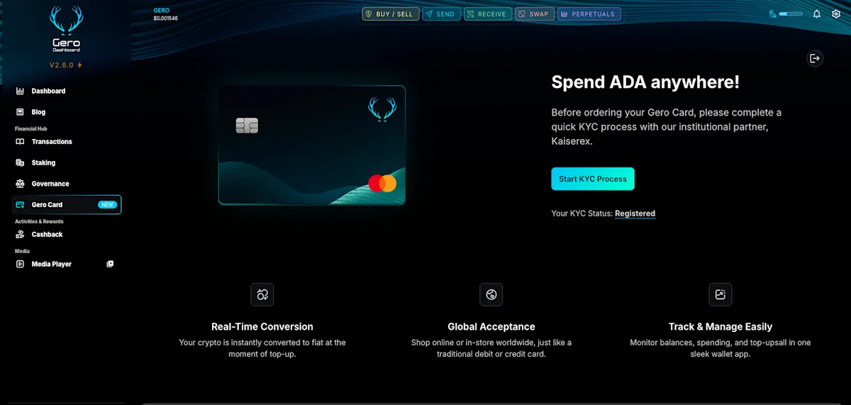 Gero Card Dashboard Interface — Spend ADA Anywhere with the Gero Wallet