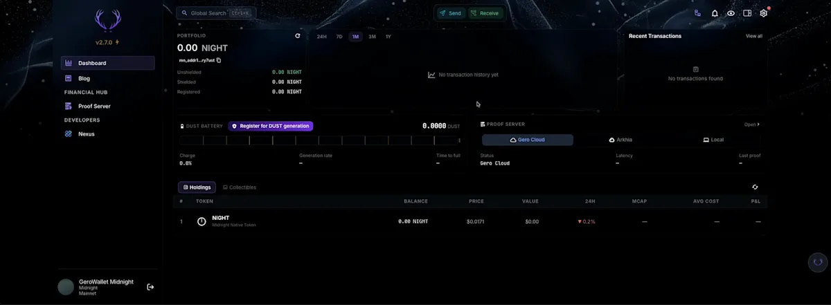 The Midnight wallet dashboard in GeroWallet 2.7.0