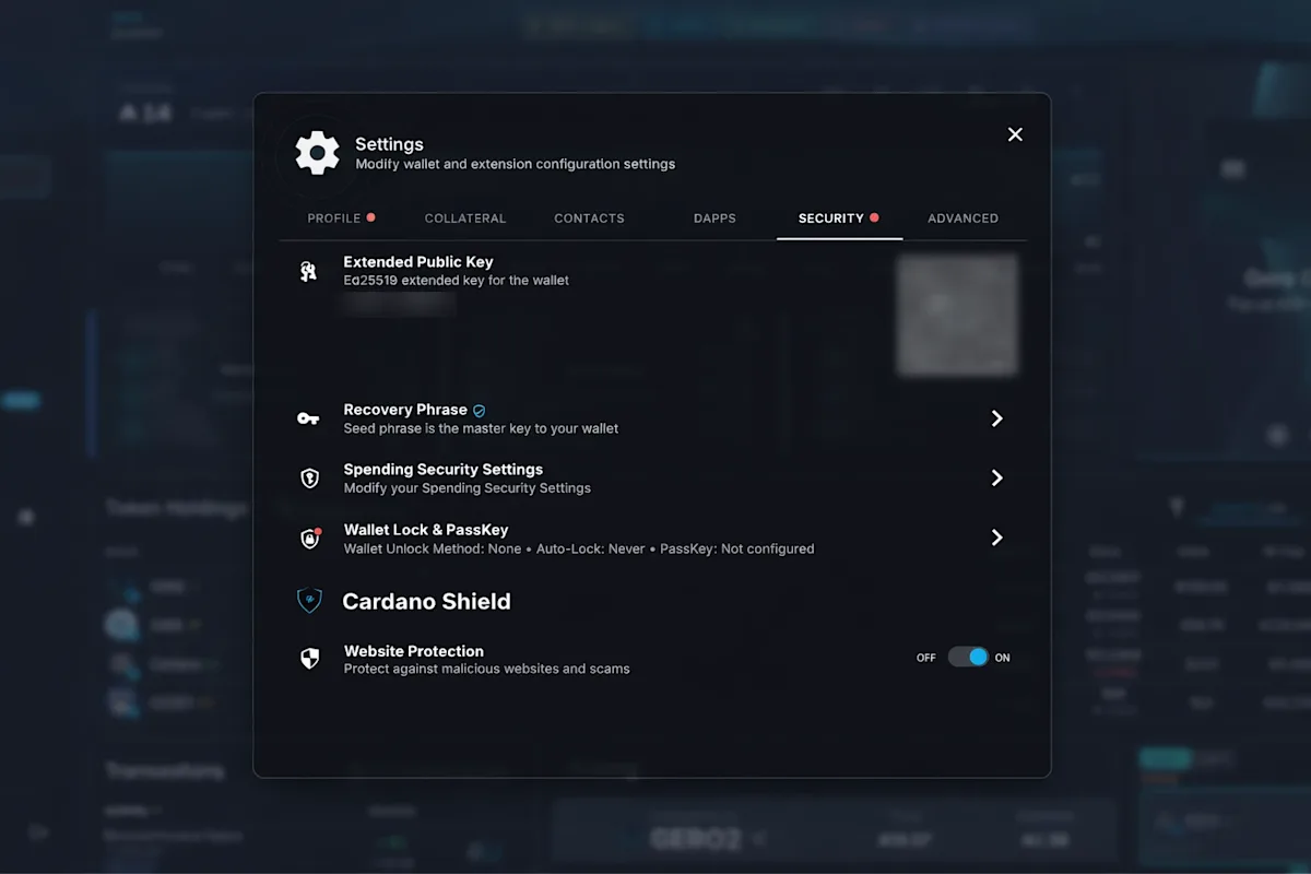 GeroWallet security settings: recovery phrase, spending security, wallet lock and passkey, Cardano Shield