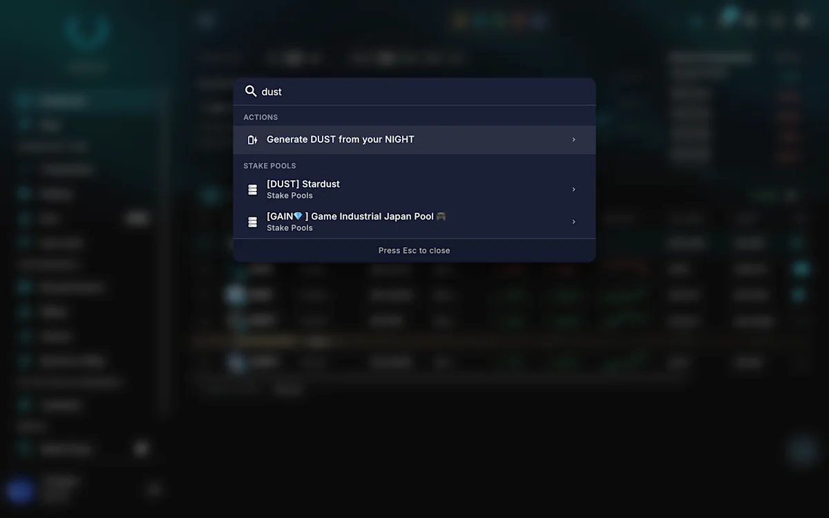 GeroWallet Ctrl+K wallet search showing the Generate DUST action and stake pools