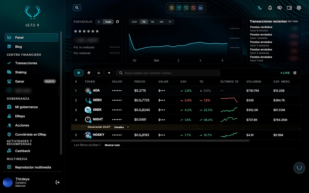 GeroWallet 2.7.2 dashboard in Spanish